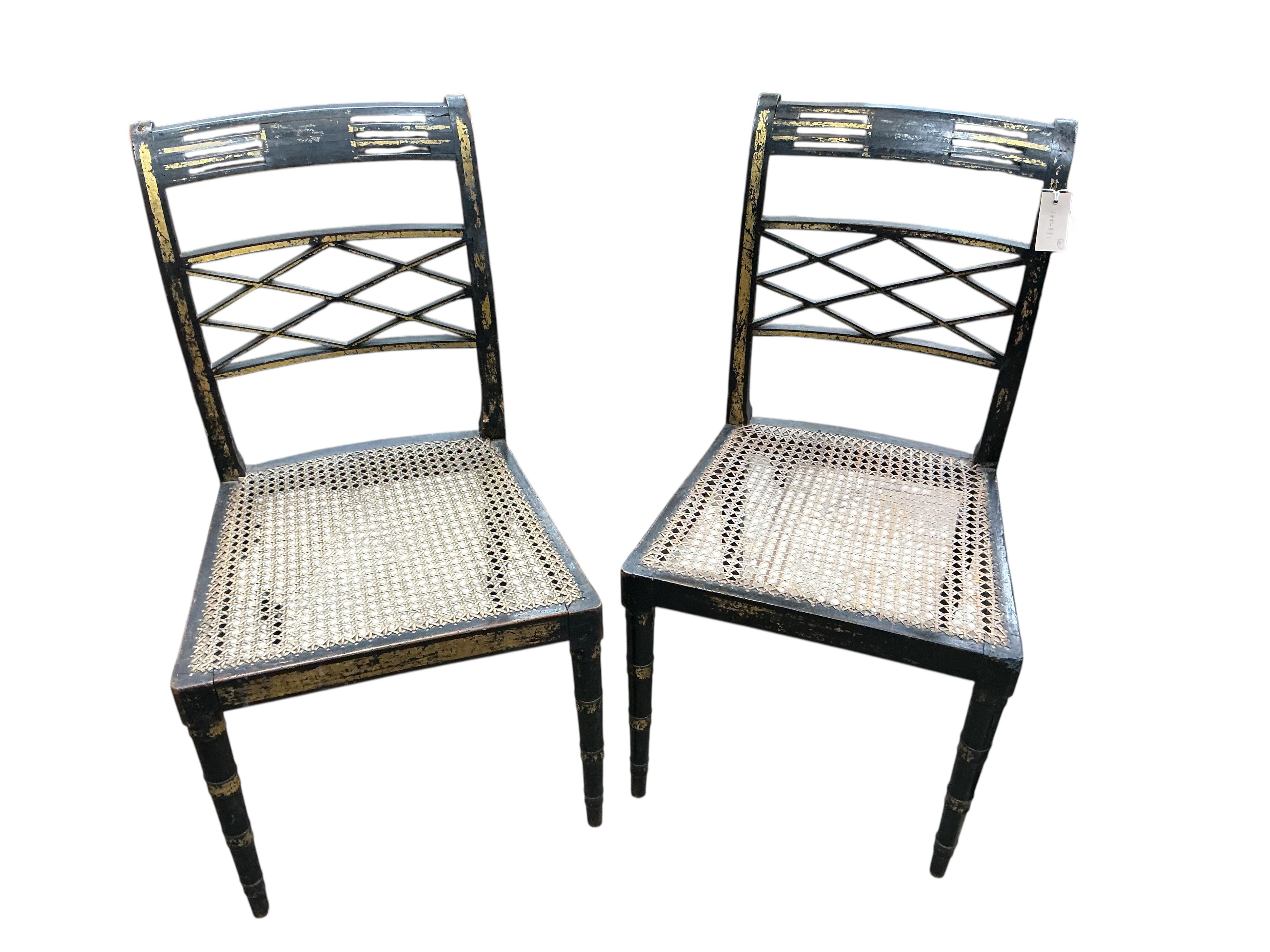A set of four Regency ebonised cane seat dining chairs, width 46cm, depth 42cm, height 86cm